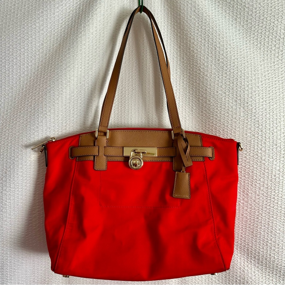 Michael Kors Hamilton Large Nylon Tote Bag Red Sangria Leather Trim Shoulder Bag
